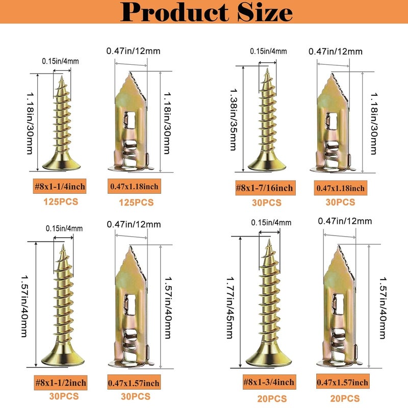 Sunxeke 410 PCS Self Drilling Drywall Anchors with Screws Kit - 2 Sizes Sheetrock Anchors & 4 Sizes Zinc Expansion Screws,2025 Upgraded Zinc Plated Steel,No Drill Needed, Holds Up to 66LB on Walls - Image 2